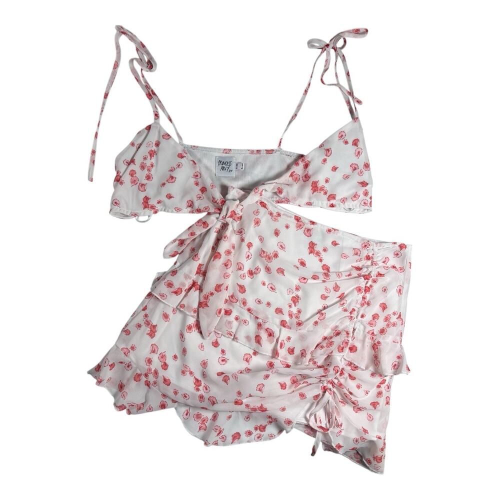 PRINCESS POLLY 2 piece set Front Tie top & Ruffle skirt sz 4 White w/Red Flowers